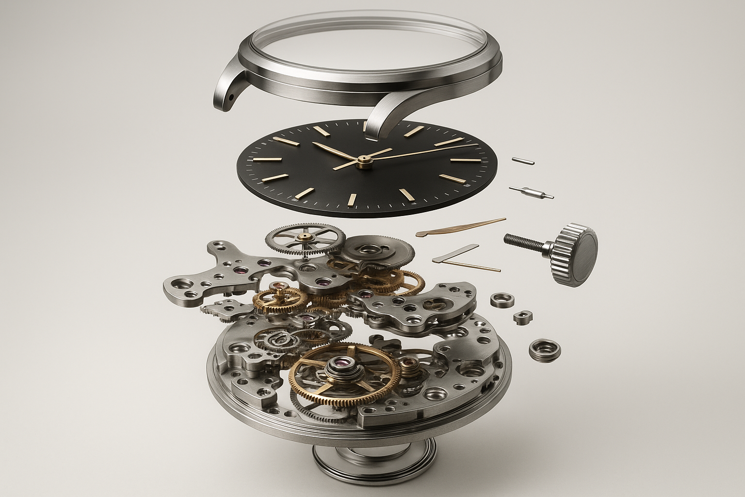no hands being shown but just the watch being apart from eachothe and being put togeher 